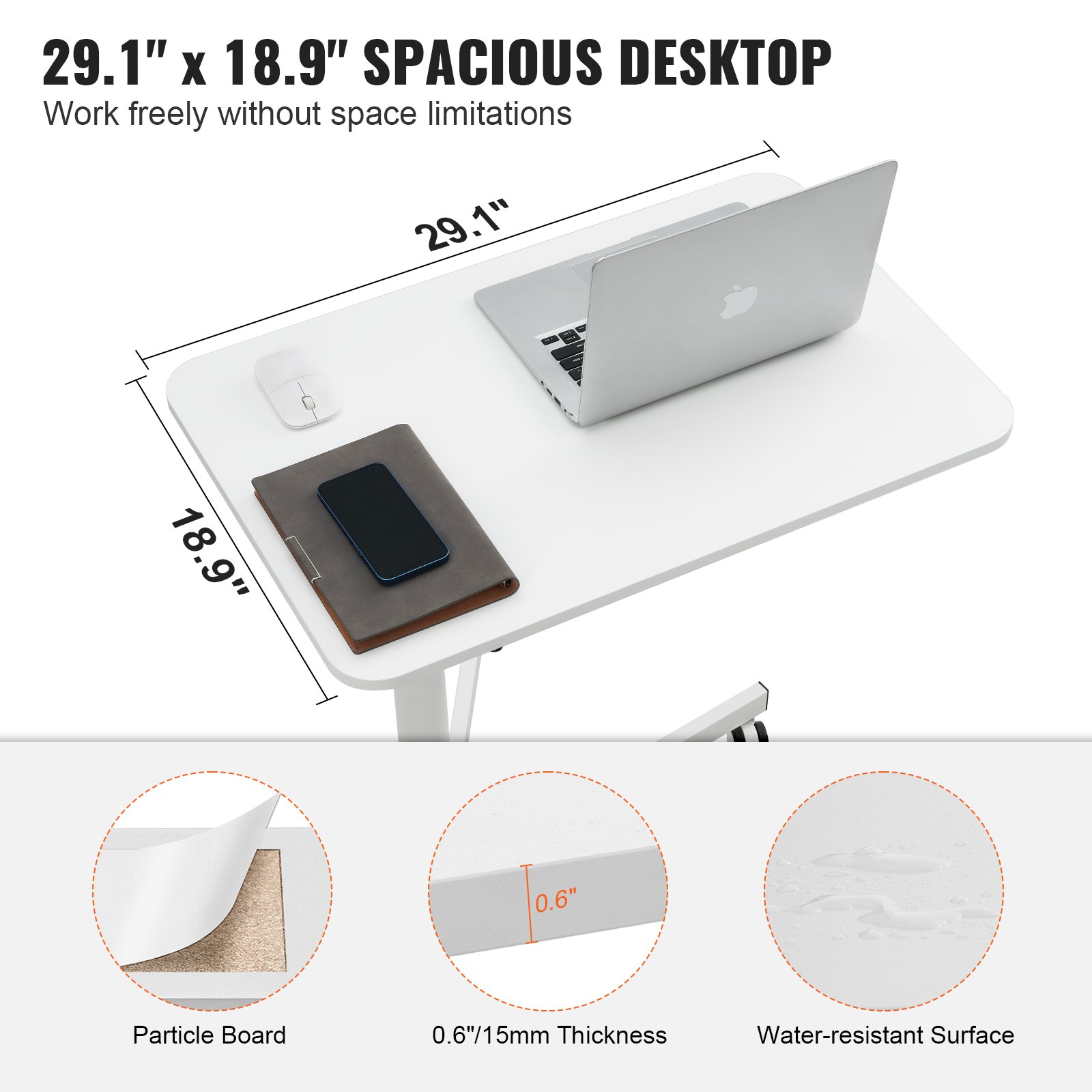 VEVOR Escritorio de Pie Móvil Alto Ajustable de 723-1122 mm Escritorio de Pie/Sentado Carga de 20 kg con Resorte de Gas Ruedas Giratorias 360° Mesa con Cerradura para Ordenador Hogar Oficina Escuela