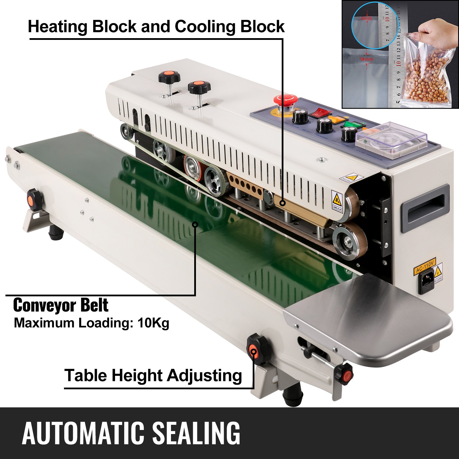 Vevor Máquina De Sellado Automática 120 W Selladora De Bolsas Horizontal Fr-1000