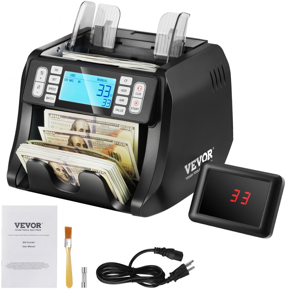 VEVOR Máquina Contadora de Dinero con Detección de Falsificaciones UV, MG, IR y DD, Máquina Contadora de Efectivo en USD y EUR con Modos de Adición y Lotes, LCD Grande y Pantalla Externa