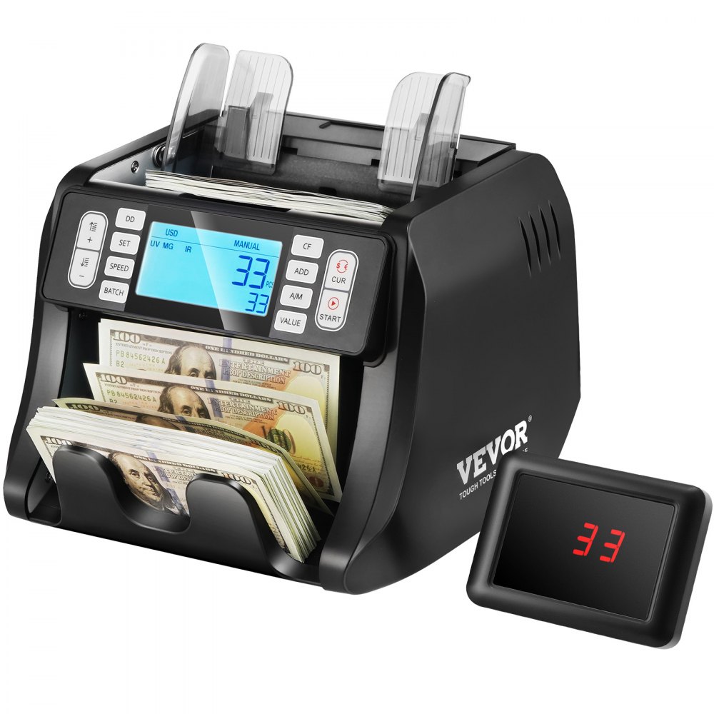 VEVOR Máquina Contadora de Dinero con Detección de Falsificaciones UV, MG, IR y DD, Máquina Contadora de Efectivo en USD y EUR con Modos de Adición y Lotes, LCD Grande y Pantalla Externa