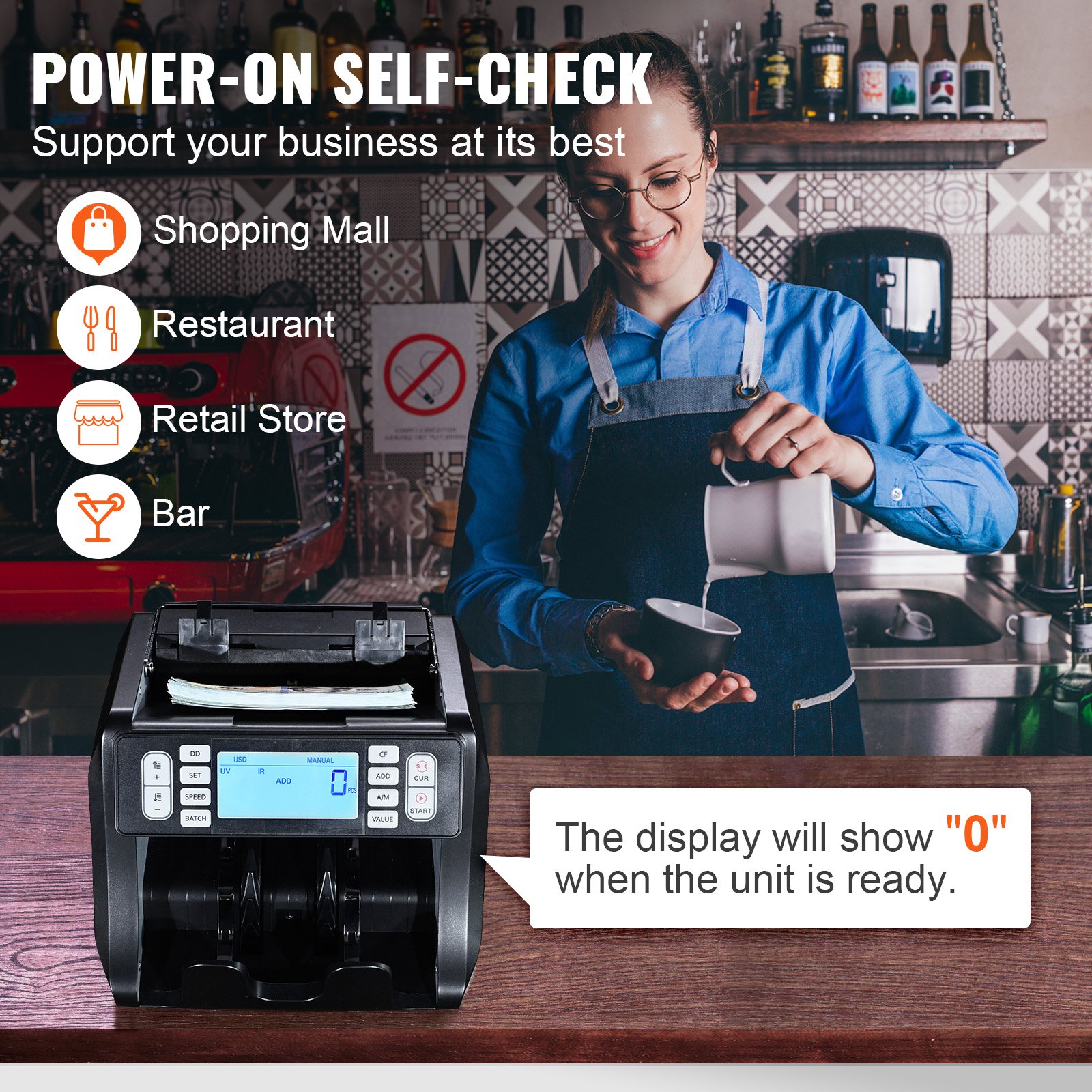 VEVOR Máquina Contadora de Dinero con Detección de Falsificaciones UV, MG, IR y DD, Máquina Contadora de Efectivo en USD y EUR con Modos de Adición y Lotes, LCD Grande y Pantalla Externa