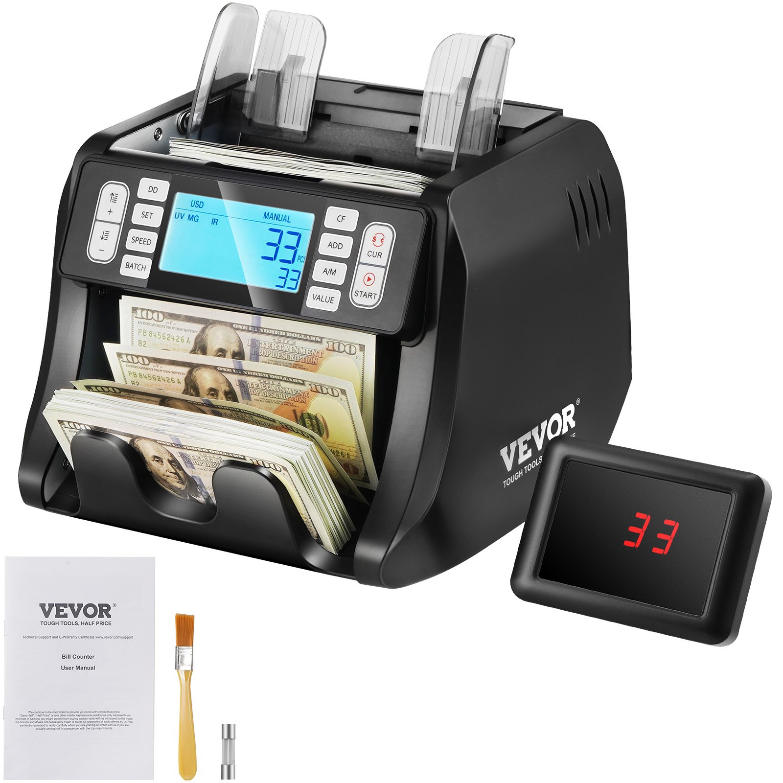 VEVOR Máquina Contadora de Dinero con Detección de Falsificaciones UV, MG, IR y DD, Máquina Contadora de Efectivo en USD y EUR con Modos de Adición y Lotes, LCD Grande y Pantalla Externa