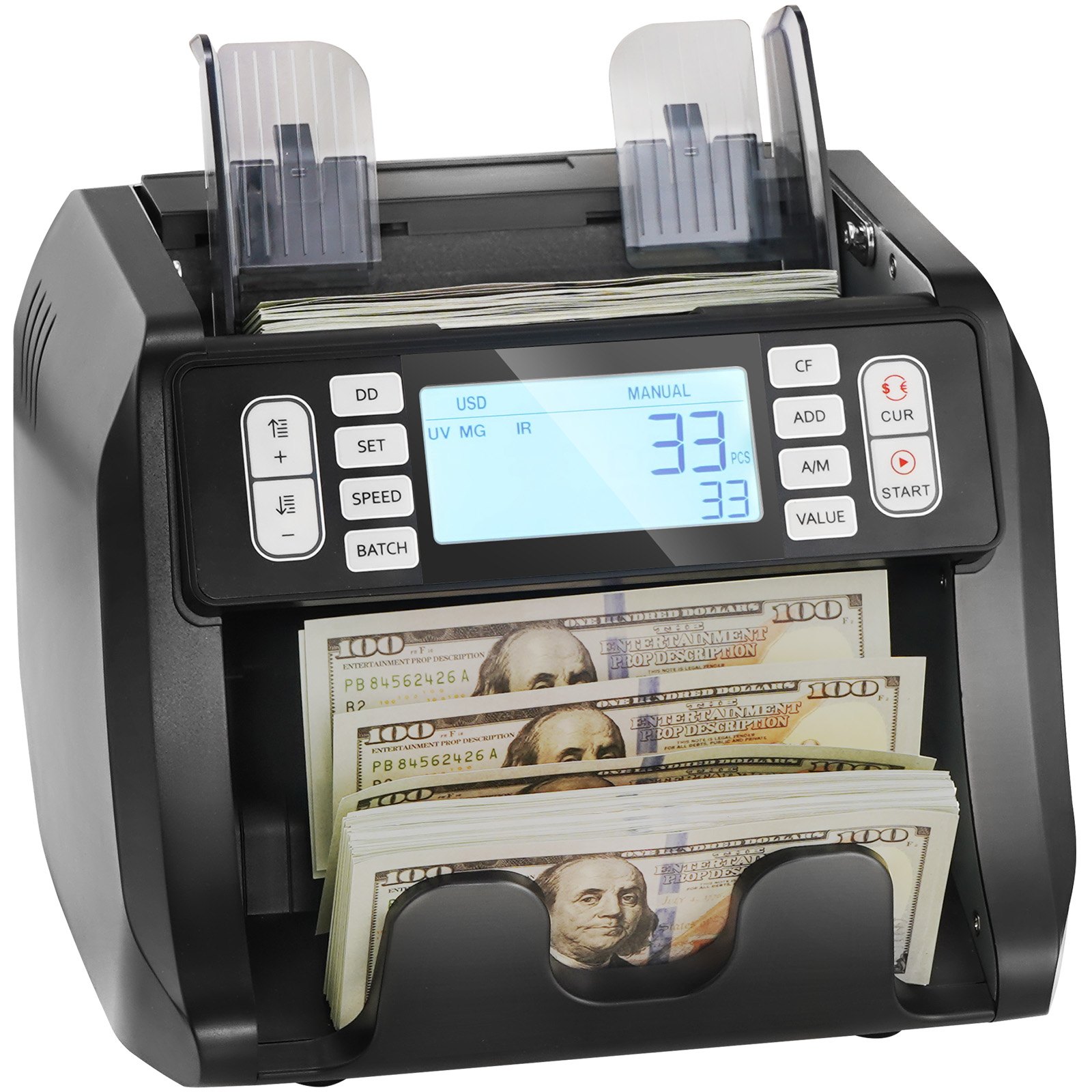 VEVOR Máquina Contadora de Dinero con Detección de Falsificaciones UV, MG, IR y DD, Máquina Contadora de Efectivo en USD y EUR con Modos de Adición y Lotes, LCD Grande y Pantalla Externa