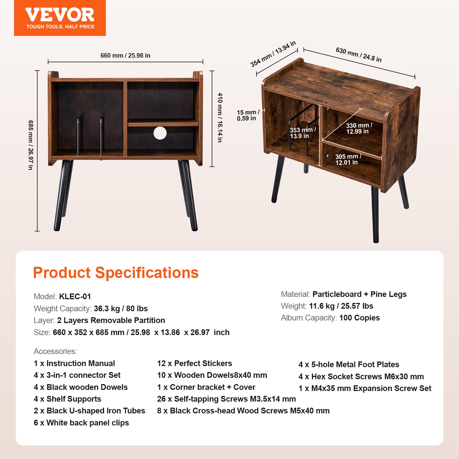 VEVOR Gabinete Tocadiscos de 2 Niveles Soporte para Tocadiscos con Capacidad hasta 100 Álbumes Gabinete para Discos de Vinilo de Madera Estantes Extraíbles y Altura Ajustable para Sala de Estar