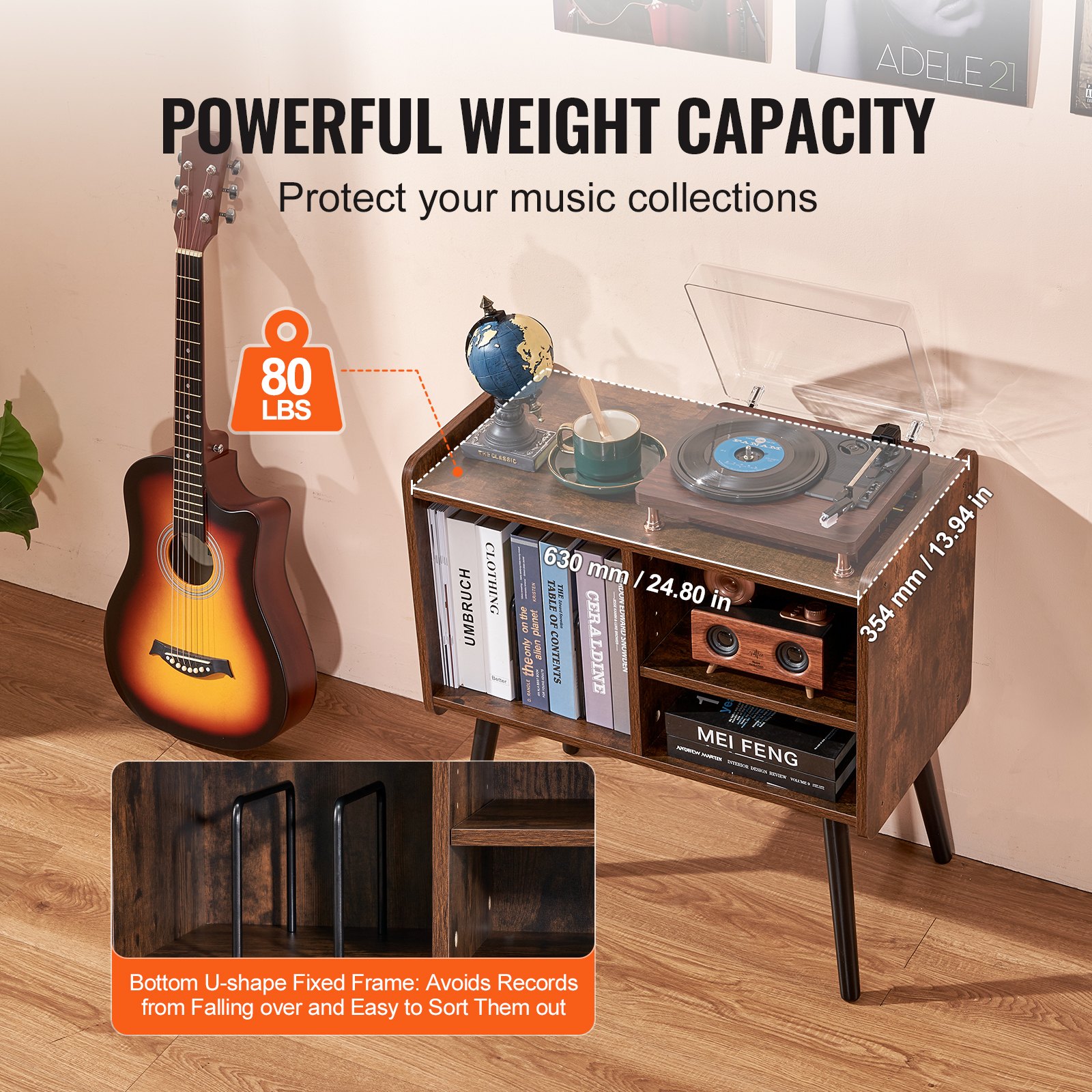 VEVOR Turntable Stand with Removable Shelves, Record Stand with Storage for up to 100 Albums, Vinyl Record Cabinet, Height-Adjustable Turntable Table for Living Room and Bedroom