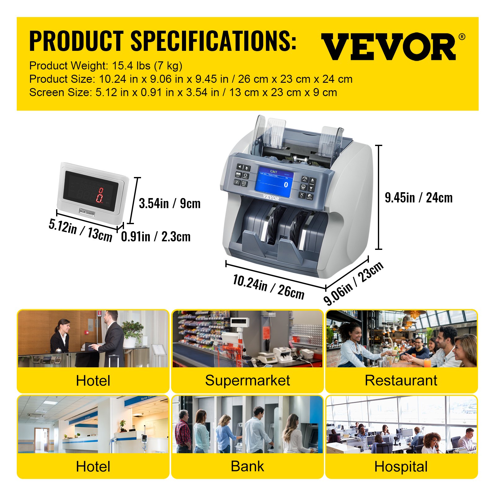 VEVOR Contador de Dinero > 800 uds./min Detector Billetes Falsos Tamaño de nota Contador de efectivo 7kg 500 notas Contador de billetes Incluye Detección