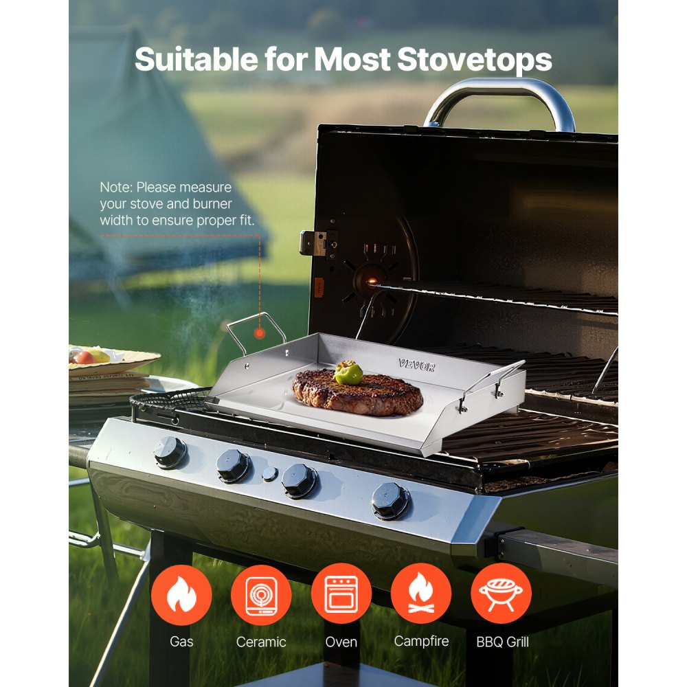 VEVOR Stainless Steel Griddle/Grill Pan, Universal Rectangular Plate (448 x 370 mm) with Flat Top, Gas Grill Griddle for BBQ and Teppanyaki Grills, Family Cookware with Handle