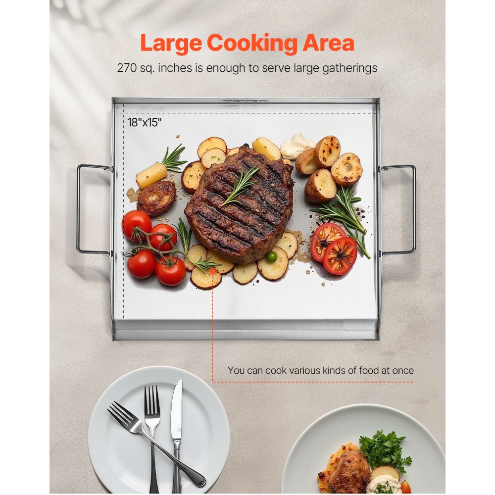 VEVOR Parrilla de Acero Inoxidable con Placa Rectangular Universal(448 x 370 mm) con Superficie Plana, Parrilla de Gas para Barbacoa, Utensilios de Cocina Familiares con Mango, Acero Original