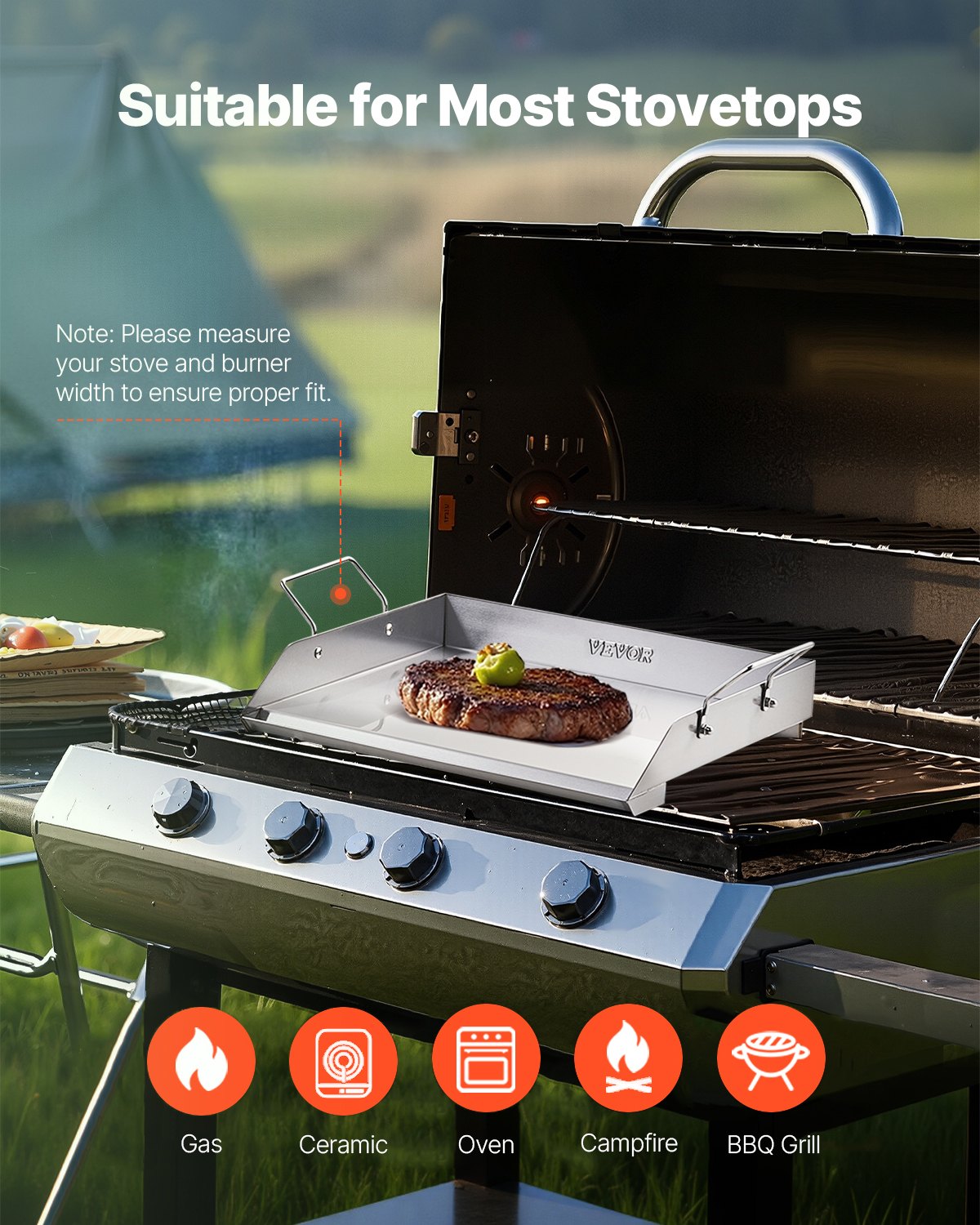VEVOR Parrilla de Acero Inoxidable con Placa Rectangular Universal(448 x 370 mm) con Superficie Plana, Parrilla de Gas para Barbacoa, Utensilios de Cocina Familiares con Mango, Acero Original