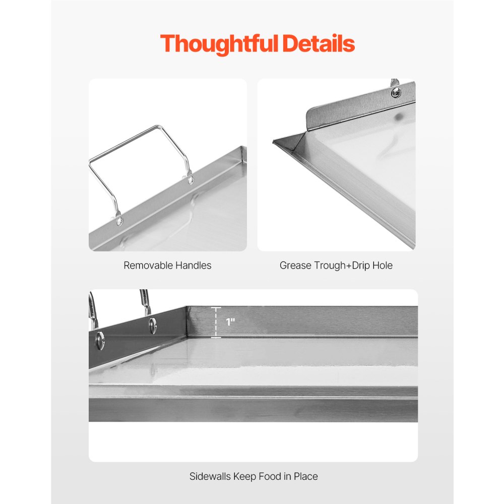 VEVOR Parrilla de Acero Inoxidable de Alta Calidad Universal Rectangular 585 x 365 mm con Superficie Plana, Plancha de Gas para Barbacoa, Utensilios de Cocina Familiares Portátiles con Asa, Plata