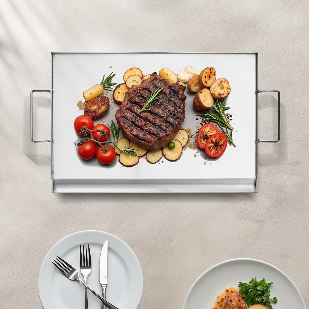 VEVOR Parrilla de Acero Inoxidable de Alta Calidad Universal Rectangular 585 x 365 mm con Superficie Plana, Plancha de Gas para Barbacoa, Utensilios de Cocina Familiares Portátiles con Asa, Plata