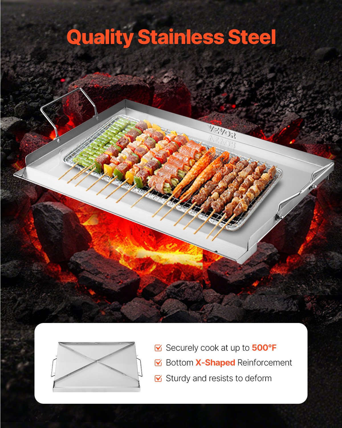 VEVOR Parrilla de Acero Inoxidable de Alta Calidad Universal Rectangular 585 x 365 mm con Superficie Plana, Plancha de Gas para Barbacoa, Utensilios de Cocina Familiares Portátiles con Asa, Plata