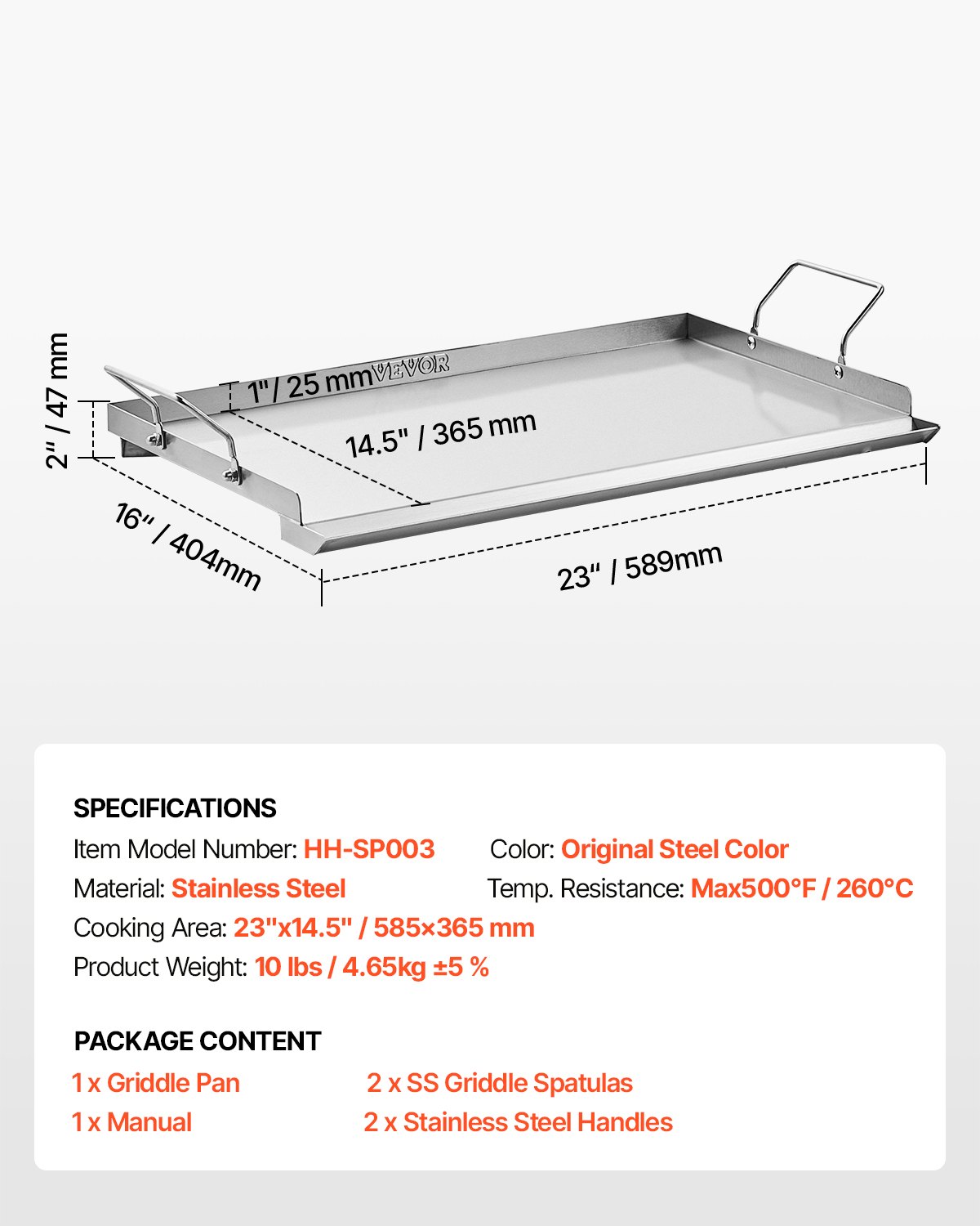 VEVOR Parrilla de Acero Inoxidable de Alta Calidad Universal Rectangular 585 x 365 mm con Superficie Plana, Plancha de Gas para Barbacoa, Utensilios de Cocina Familiares Portátiles con Asa, Plata