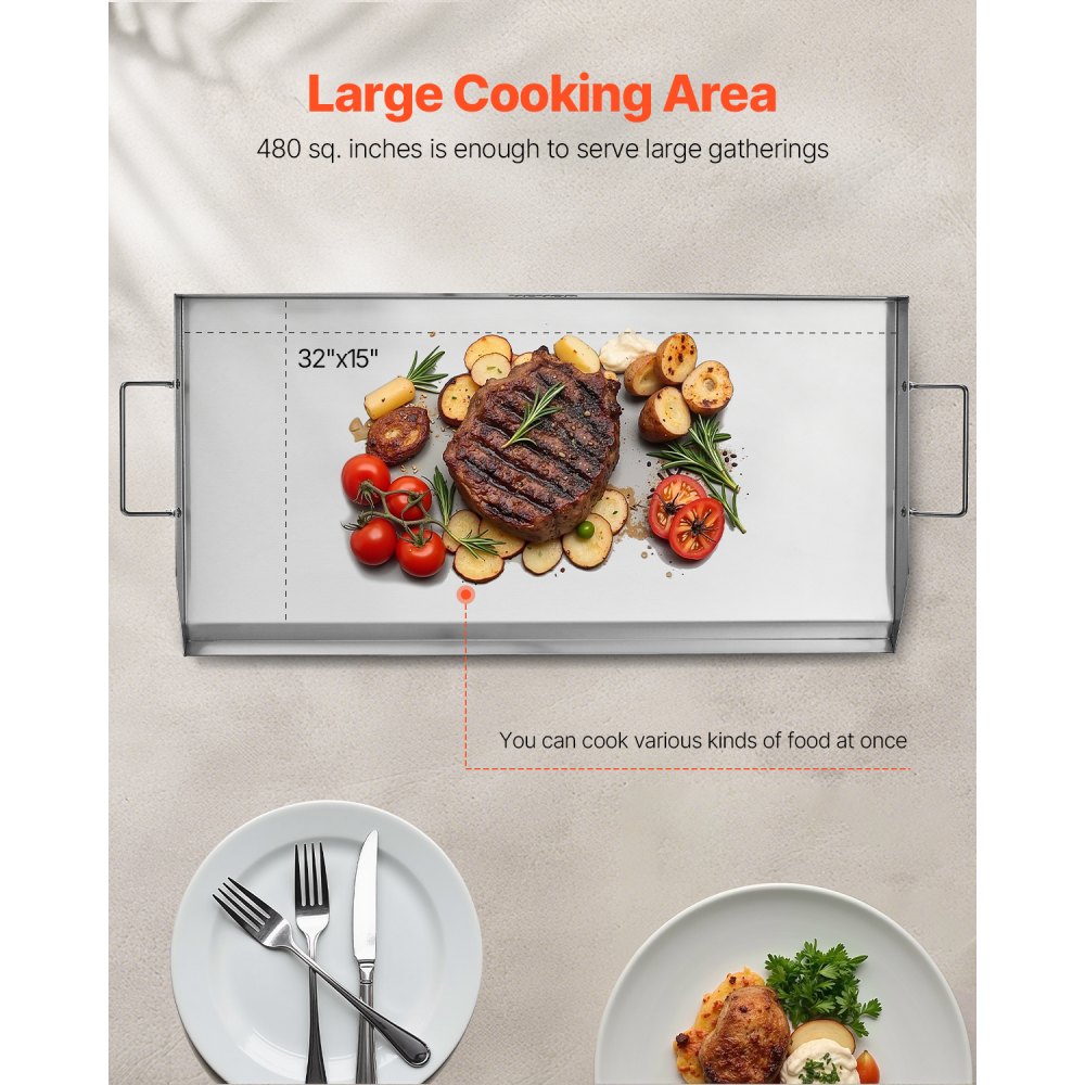 VEVOR Parrilla de Acero Inoxidable Universal Rectangular 809 x 370 mm con Superficie Plana, Plancha de Gas para Barbacoa, Utensilios de Cocina Familiares Portátiles con Asa, Alta Compatibilidad