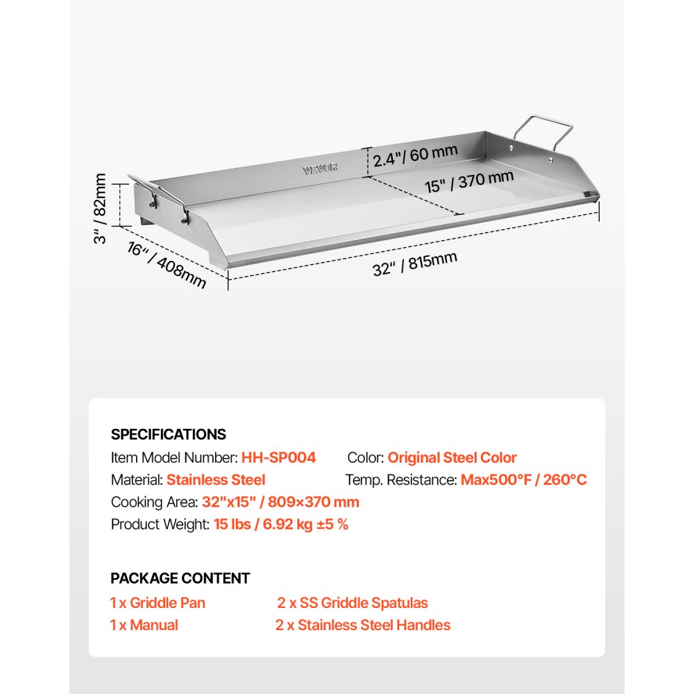 VEVOR Parrilla de Acero Inoxidable Universal Rectangular 809 x 370 mm con Superficie Plana, Plancha de Gas para Barbacoa, Utensilios de Cocina Familiares Portátiles con Asa, Alta Compatibilidad