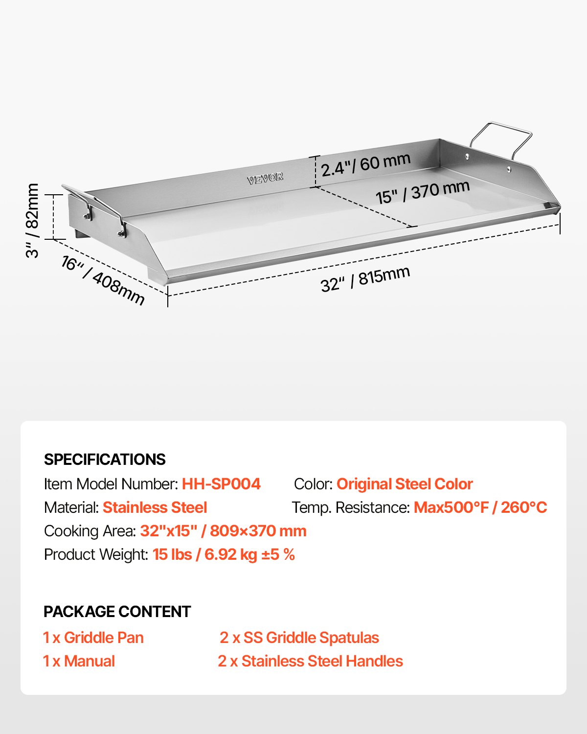 VEVOR Griddle Plate, Stainless Steel Universal Rectangular Plate (809 x 370 mm) with Flat Top, Gas Grill Griddle Plate for BBQ Grill Teppanyaki, Portable Family Cookware with Handle