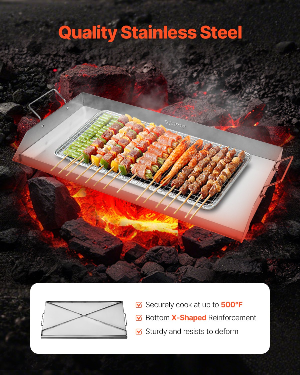 VEVOR Parrilla de Acero Inoxidable Universal Rectangular 809 x 370 mm con Superficie Plana, Plancha de Gas para Barbacoa, Utensilios de Cocina Familiares Portátiles con Asa, Alta Compatibilidad
