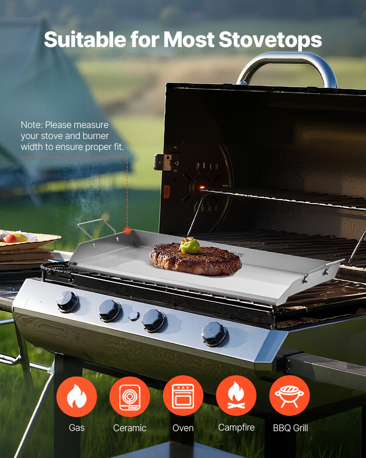 VEVOR Parrilla de Acero Inoxidable Universal Rectangular 809 x 370 mm con Superficie Plana, Plancha de Gas para Barbacoa, Utensilios de Cocina Familiares Portátiles con Asa, Alta Compatibilidad