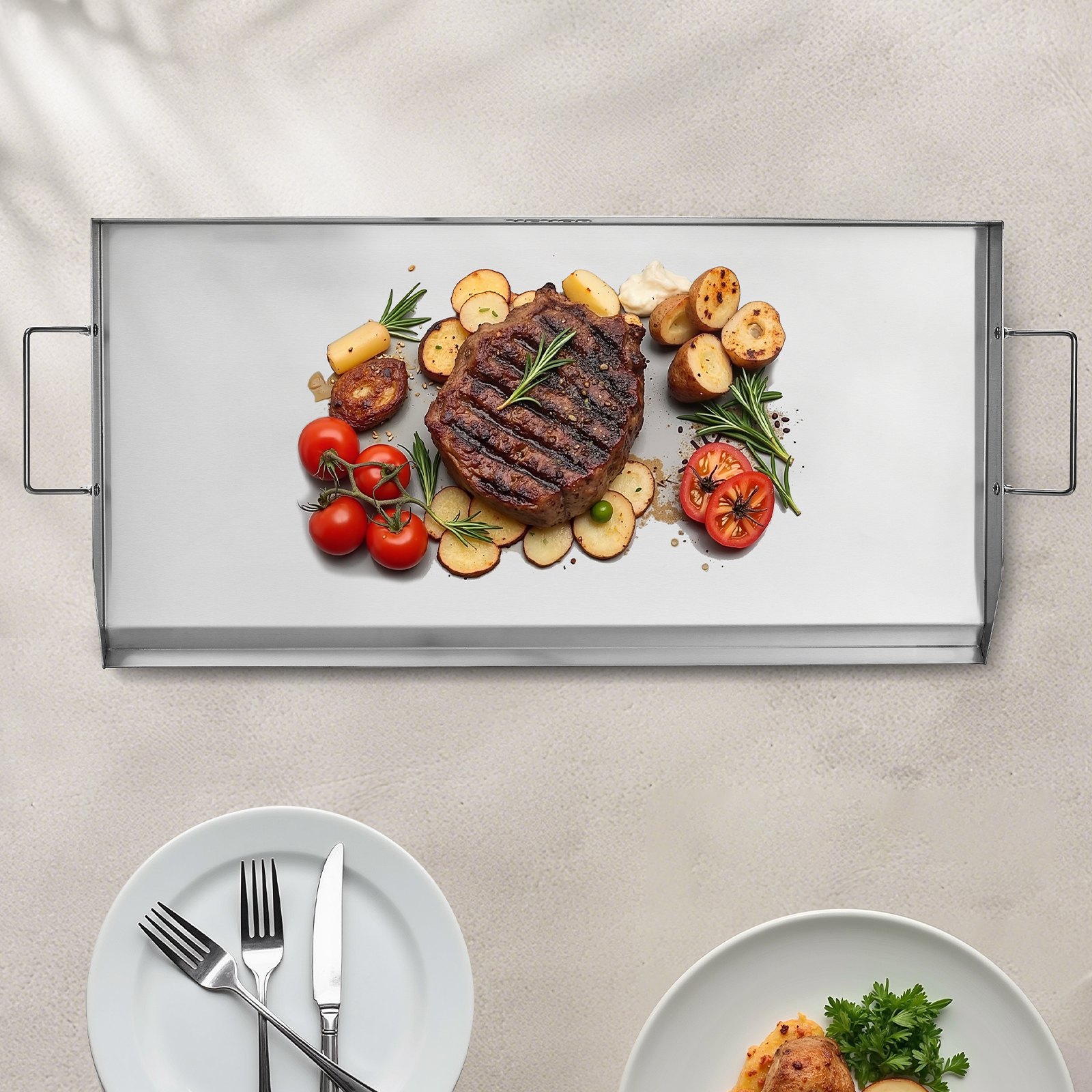 VEVOR Parrilla de Acero Inoxidable Universal Rectangular 809 x 370 mm con Superficie Plana, Plancha de Gas para Barbacoa, Utensilios de Cocina Familiares Portátiles con Asa, Alta Compatibilidad