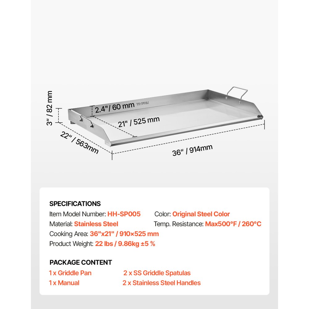 VEVOR Parrilla de Acero Inoxidable Universal Rectangular 910 x 525 mm con Superficie Plana y Espaciosa, Plancha de Gas para Barbacoa, Utensilios de Cocina Familiares Portátiles con asa, Plata