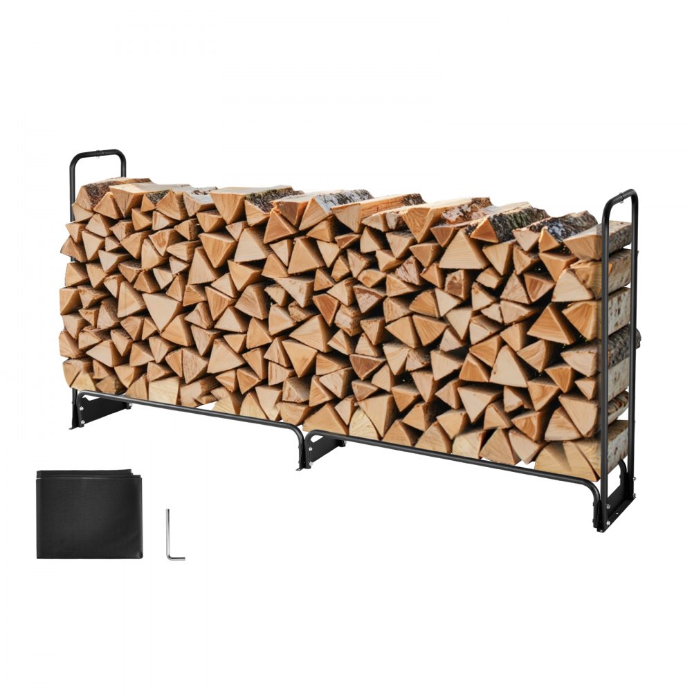 Estante para leña VEVOR con kit de hardware de montaje, construcción de acero negro, organizado y duradero.
