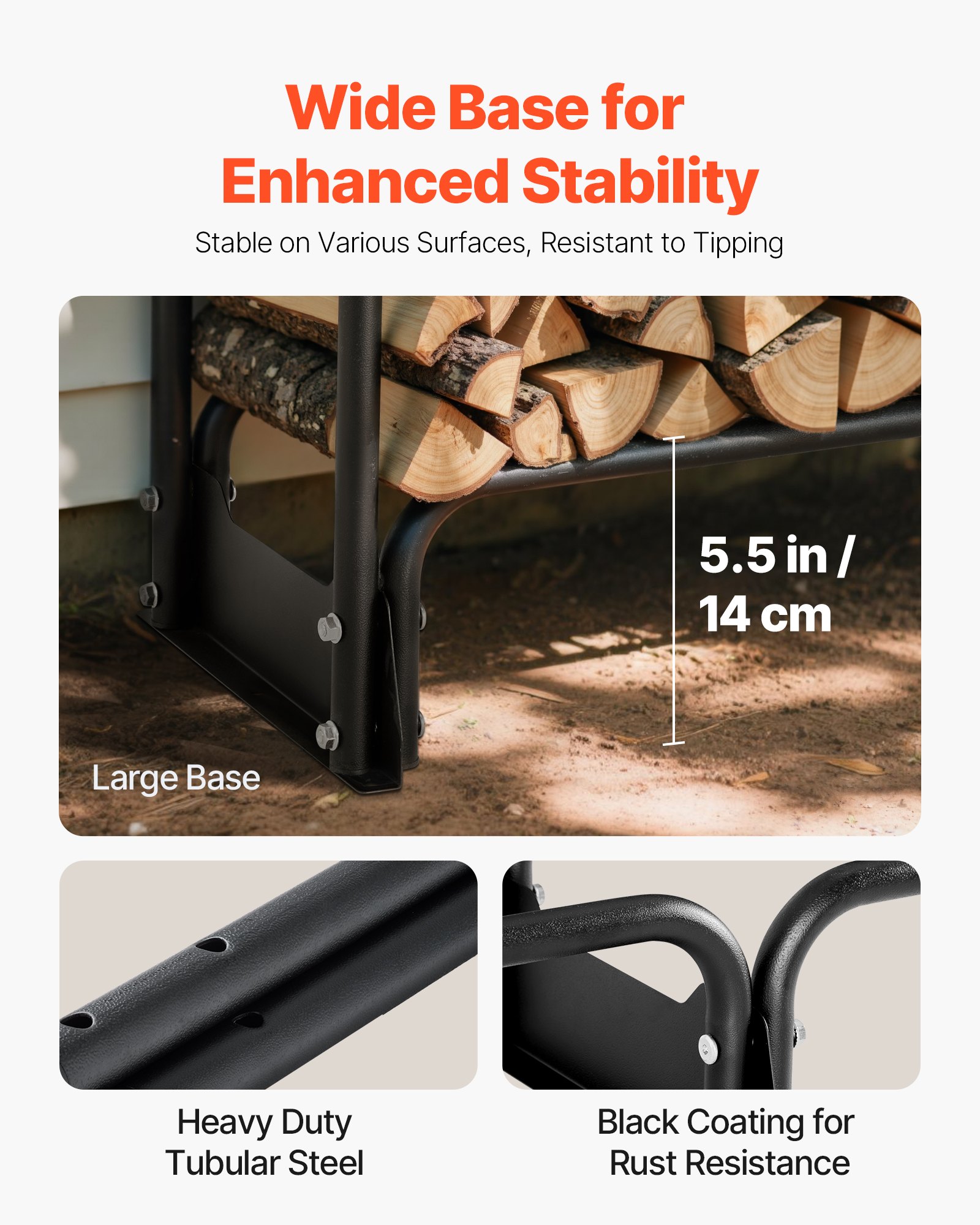 Leñero VEVOR con base grande de 14,2&quot;, acero tubular resistente, revestimiento negro resistente a la oxidación.