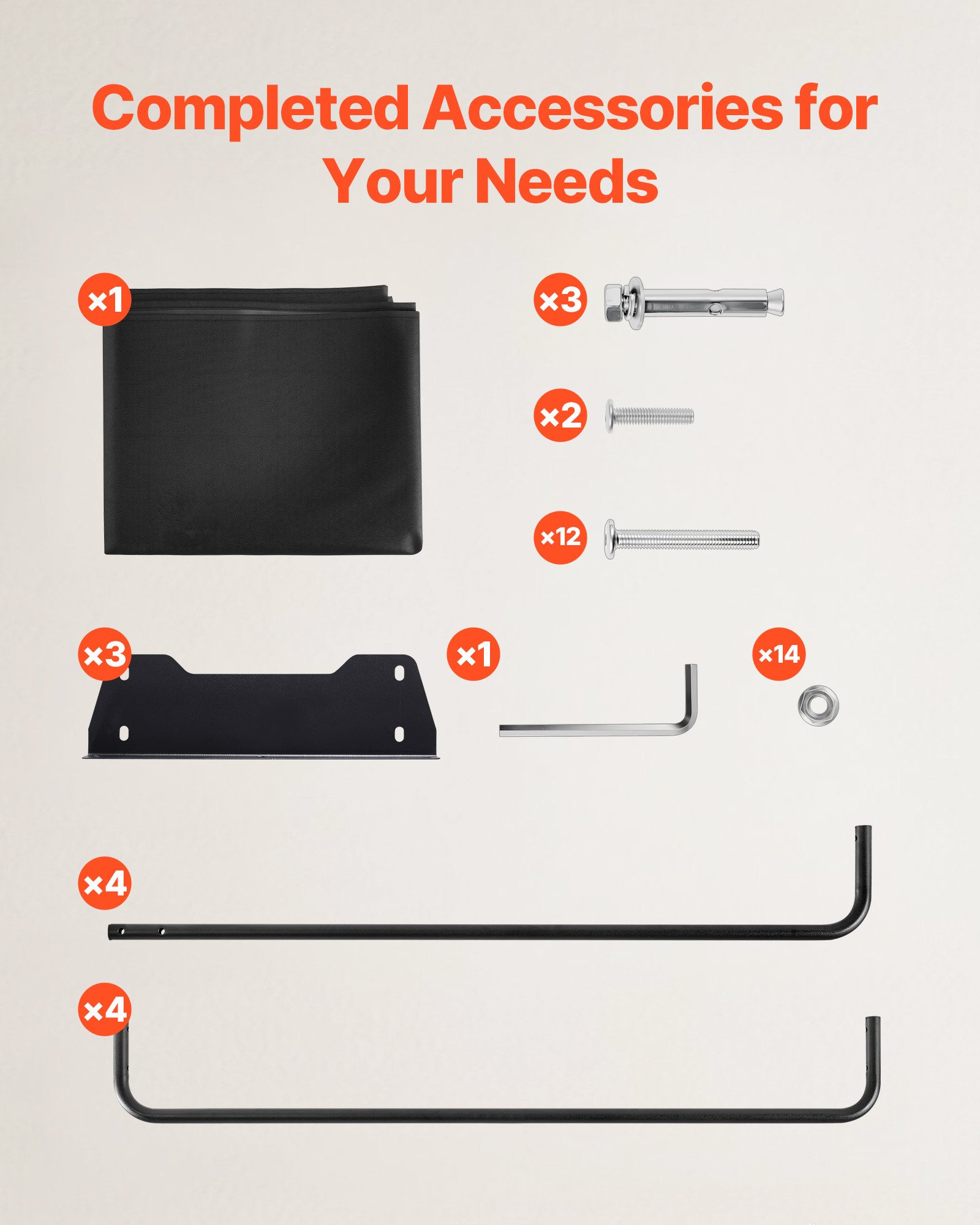 Componentes de hardware para estante para leña VEVOR que incluyen tornillos, pernos, tuercas, llave hexagonal y cubierta.