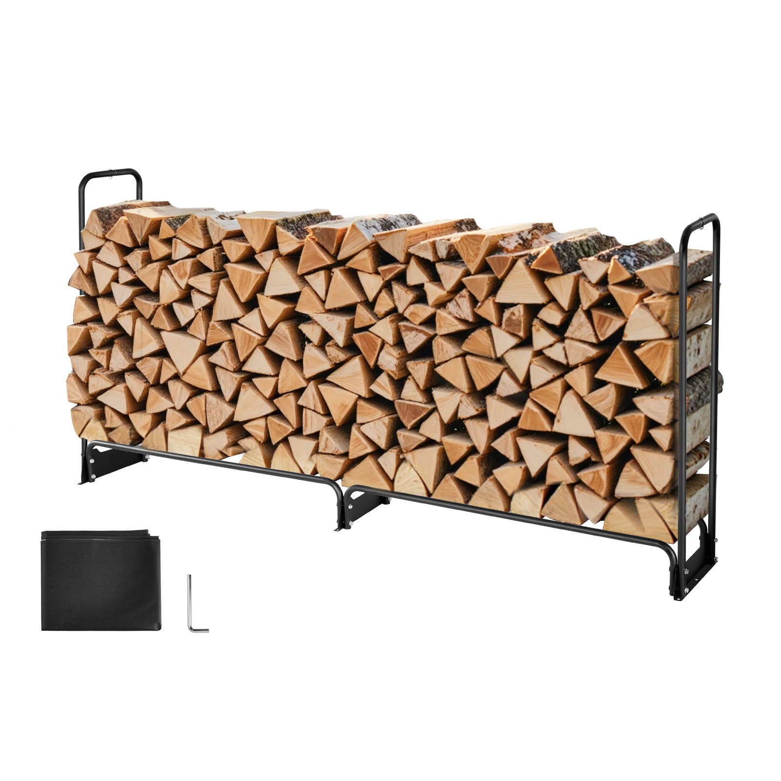Estante para leña VEVOR con kit de hardware de montaje, construcción de acero negro, organizado y duradero.