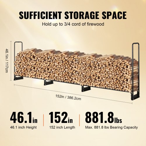 VEVOR Estante de Almacenamiento de Leña 386x36x117 cm Marco de Acero Soporte de Leña con Funda Impermeable 600D Oxford Leñero para Chimenea para 3/4 Cuerda de Leña Carga de 400 kg para Jardín Terraza