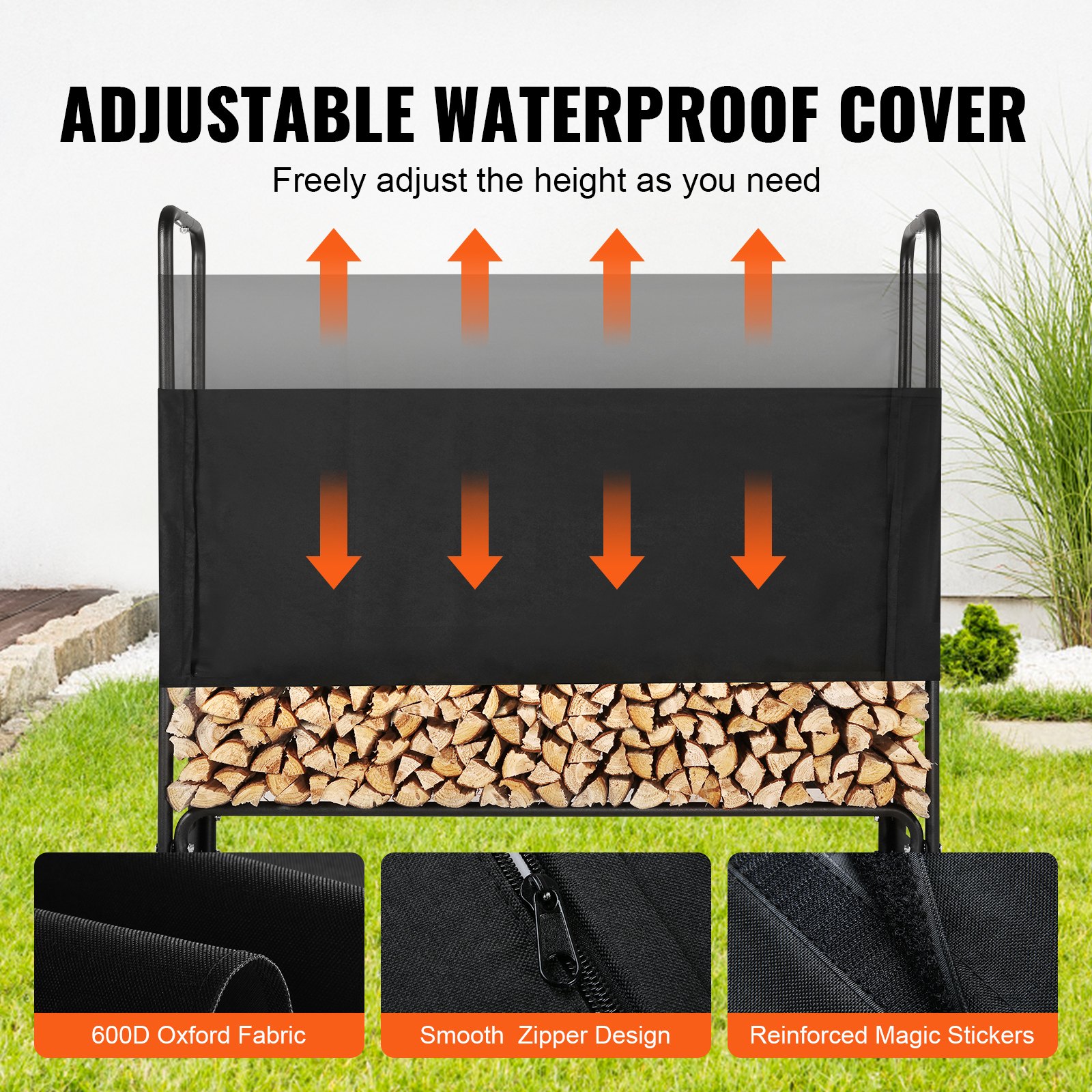 VEVOR Estante de Almacenamiento de Leña 132x36x117 cm Marco de Acero Soporte de Leña con Funda Impermeable 600D Oxford Leñero para Chimenea para 1/4 Cuerda de Leña Carga de 200 kg para Jardín Terraza