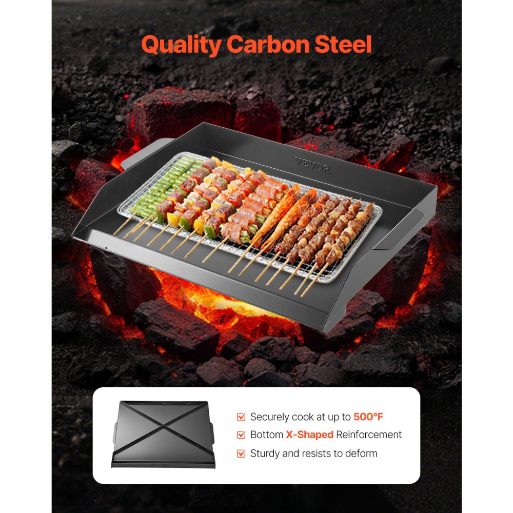 VEVOR Parrilla Duradera de Acero al Carbono Universal Rectangular de 502 x 370 mm con Superficie Plana, Plancha de Gas para Barbacoa, Utensilios de Cocina Familiares Portátiles con asa, Negro
