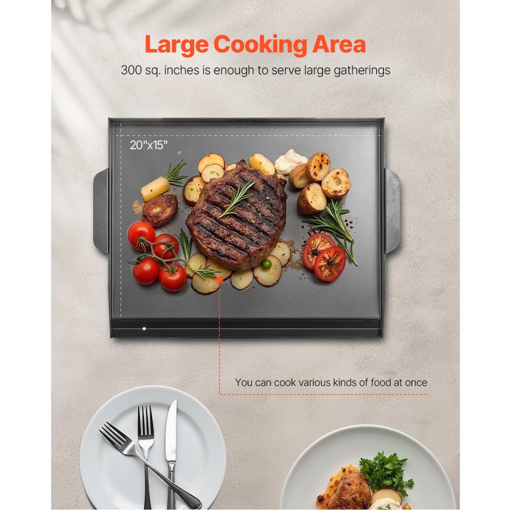 VEVOR Parrilla Duradera de Acero al Carbono Universal Rectangular de 502 x 370 mm con Superficie Plana, Plancha de Gas para Barbacoa, Utensilios de Cocina Familiares Portátiles con asa, Negro