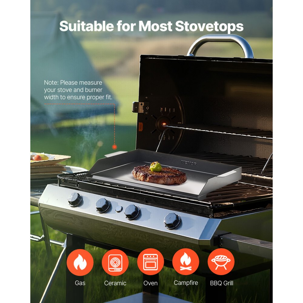 VEVOR Parrilla Duradera de Acero al Carbono Universal Rectangular de 502 x 370 mm con Superficie Plana, Plancha de Gas para Barbacoa, Utensilios de Cocina Familiares Portátiles con asa, Negro