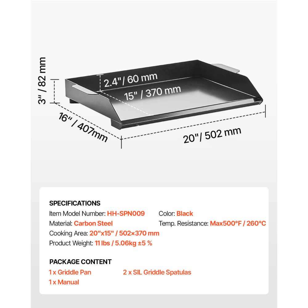 VEVOR Parrilla Duradera de Acero al Carbono Universal Rectangular de 502 x 370 mm con Superficie Plana, Plancha de Gas para Barbacoa, Utensilios de Cocina Familiares Portátiles con asa, Negro