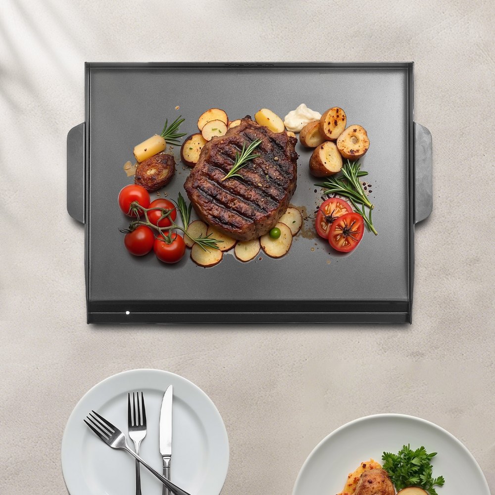 VEVOR Parrilla Duradera de Acero al Carbono Universal Rectangular de 502 x 370 mm con Superficie Plana, Plancha de Gas para Barbacoa, Utensilios de Cocina Familiares Portátiles con asa, Negro
