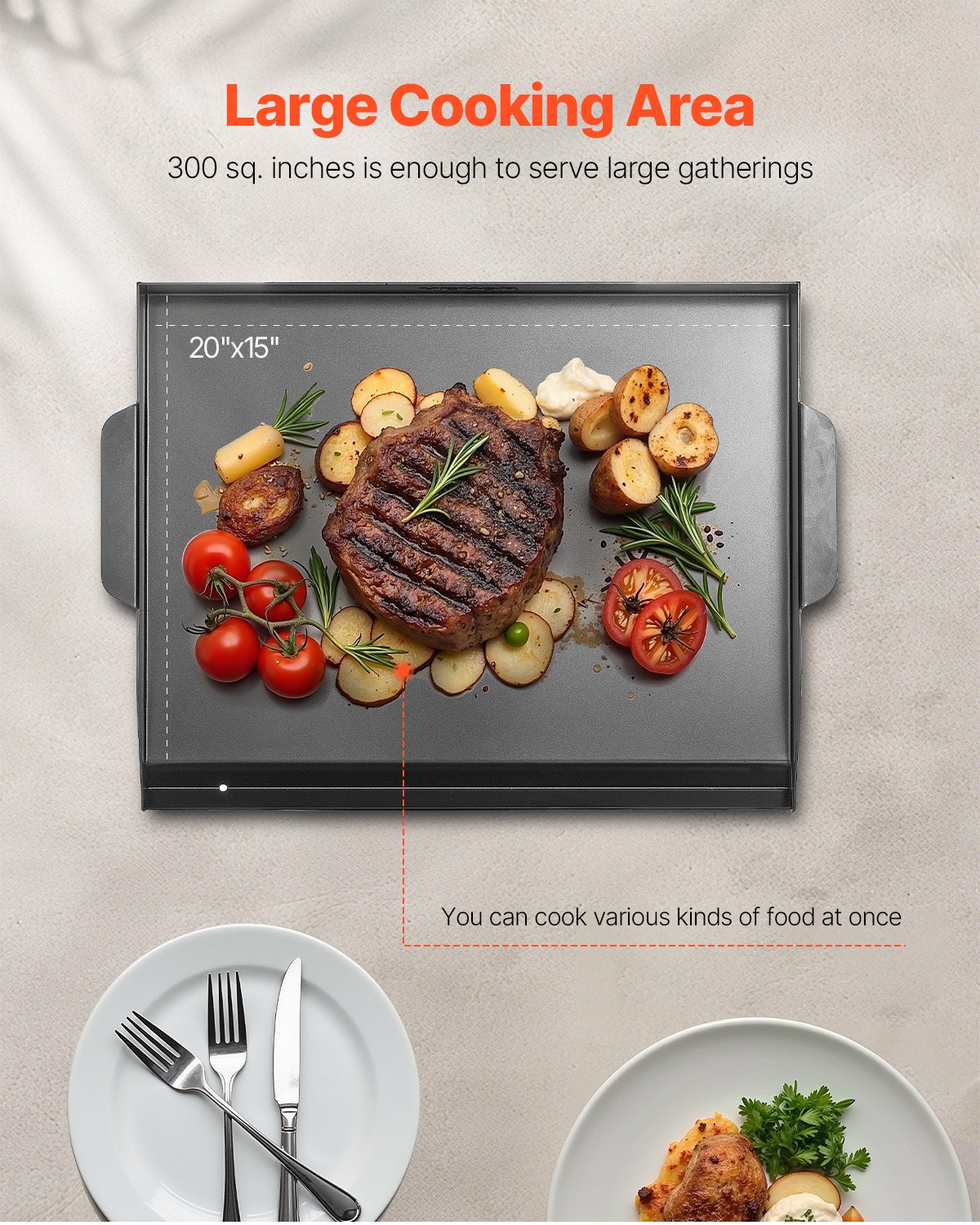VEVOR Parrilla Duradera de Acero al Carbono Universal Rectangular de 502 x 370 mm con Superficie Plana, Plancha de Gas para Barbacoa, Utensilios de Cocina Familiares Portátiles con asa, Negro
