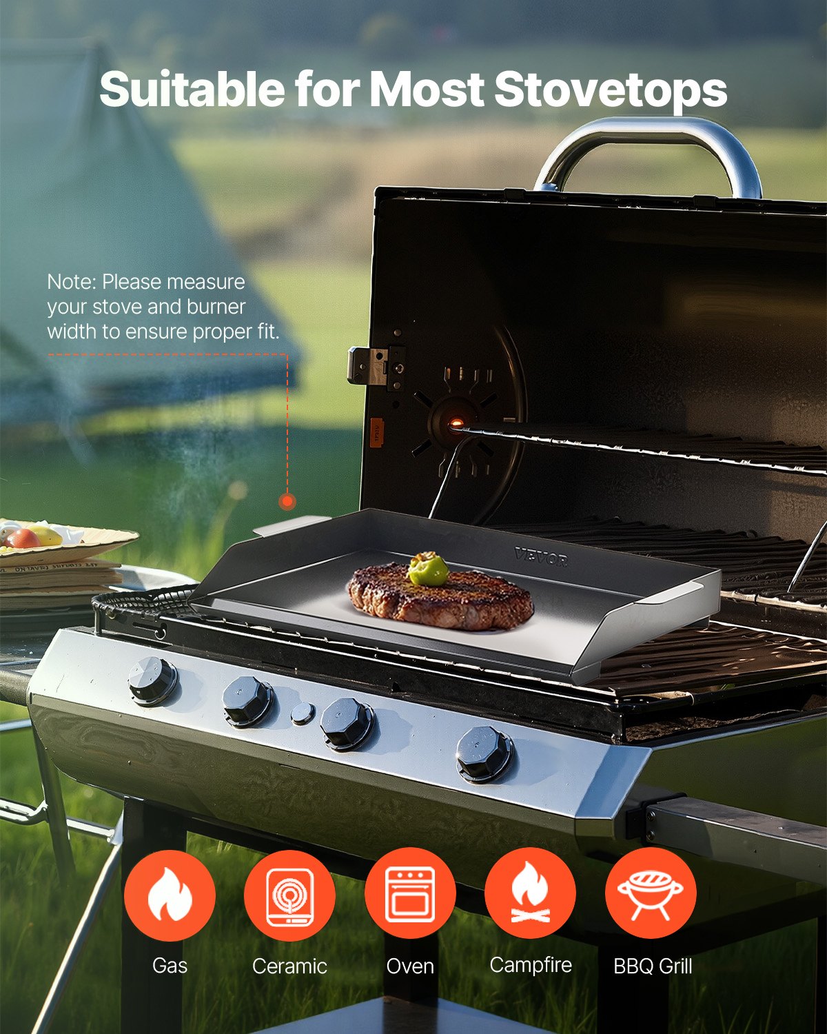 VEVOR Parrilla Duradera de Acero al Carbono Universal Rectangular de 502 x 370 mm con Superficie Plana, Plancha de Gas para Barbacoa, Utensilios de Cocina Familiares Portátiles con asa, Negro