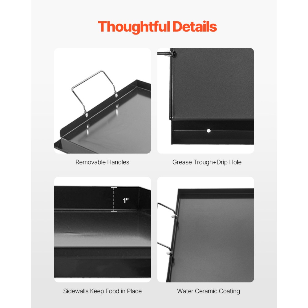 VEVOR Griddle Plate, Carbon Steel Universal Rectangular Plate (606 x 360 mm) with Flat Top, Gas Grill Griddle Plate for BBQ Grill, Teppanyaki, Portable Family Cookware with Handle