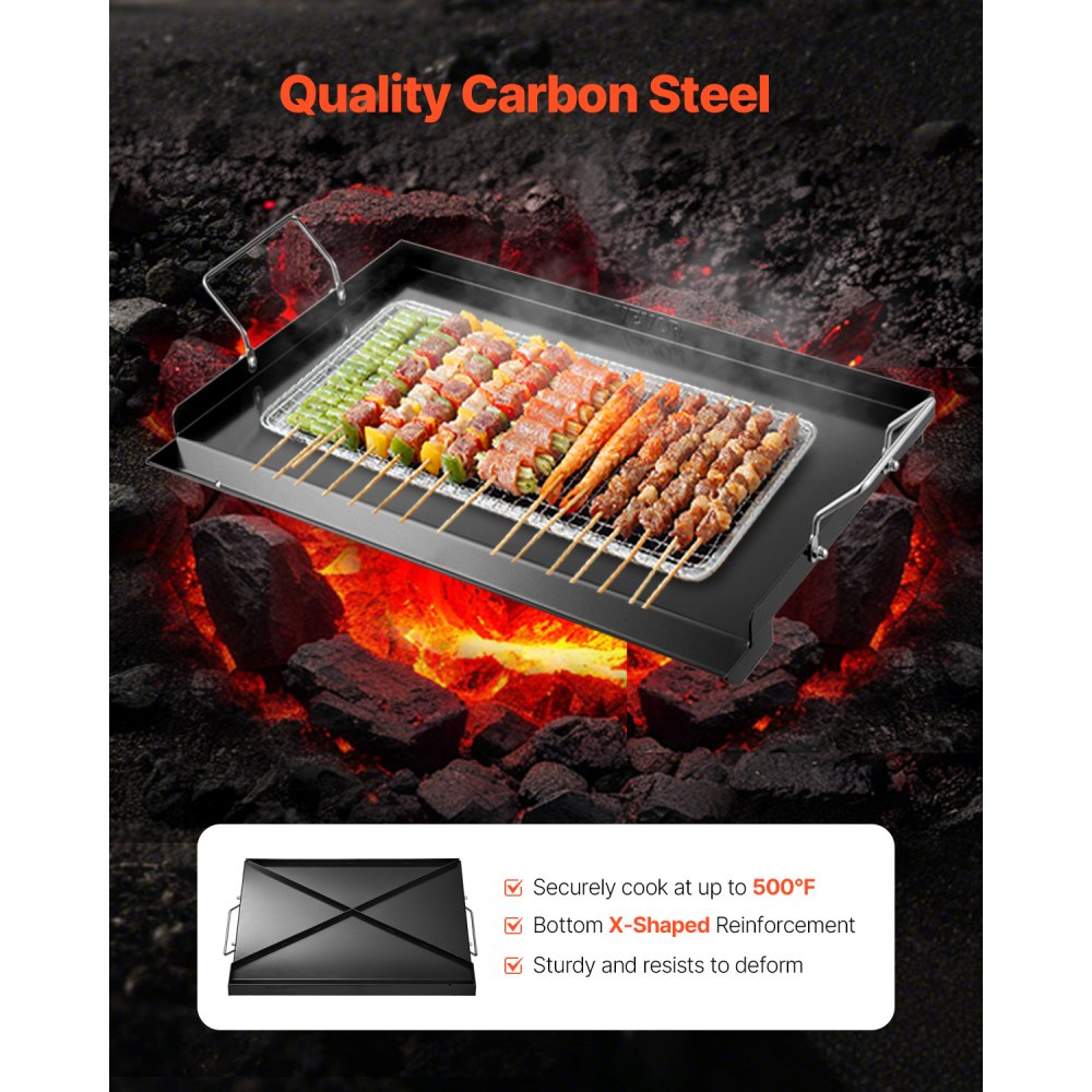 VEVOR Parrilla de Acero al Carbono Robusto Universal Rectangular 606 x 360 mm con Superficie Plana, Plancha de Gas para Barbacoa, Utensilios de Cocina Familiares Portátiles con asa, Gran Superficie