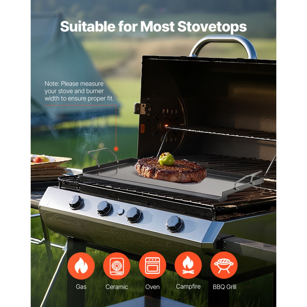 VEVOR Parrilla de Acero al Carbono Robusto Universal Rectangular 606 x 360 mm con Superficie Plana, Plancha de Gas para Barbacoa, Utensilios de Cocina Familiares Portátiles con asa, Gran Superficie