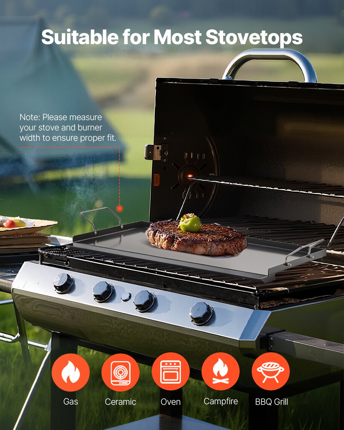 VEVOR Parrilla de Acero al Carbono Robusto Universal Rectangular 606 x 360 mm con Superficie Plana, Plancha de Gas para Barbacoa, Utensilios de Cocina Familiares Portátiles con asa, Gran Superficie