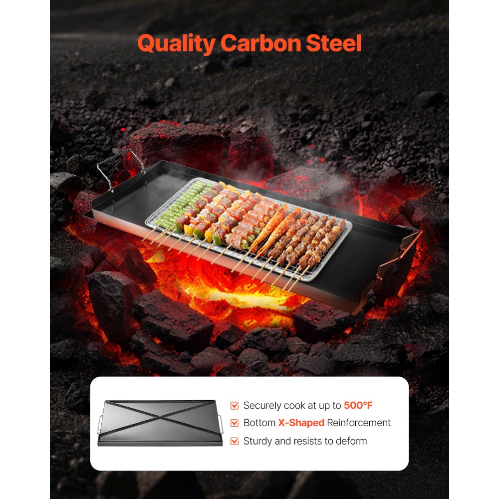 VEVOR Parrilla de Acero al Carbono Universal Rectangular 812 x 310 mm con Superficie Plana, Plancha de Gas para Barbacoa, Teppanyaki, Utensilios Cocina Familiares Portátiles con Asa, para Cocción
