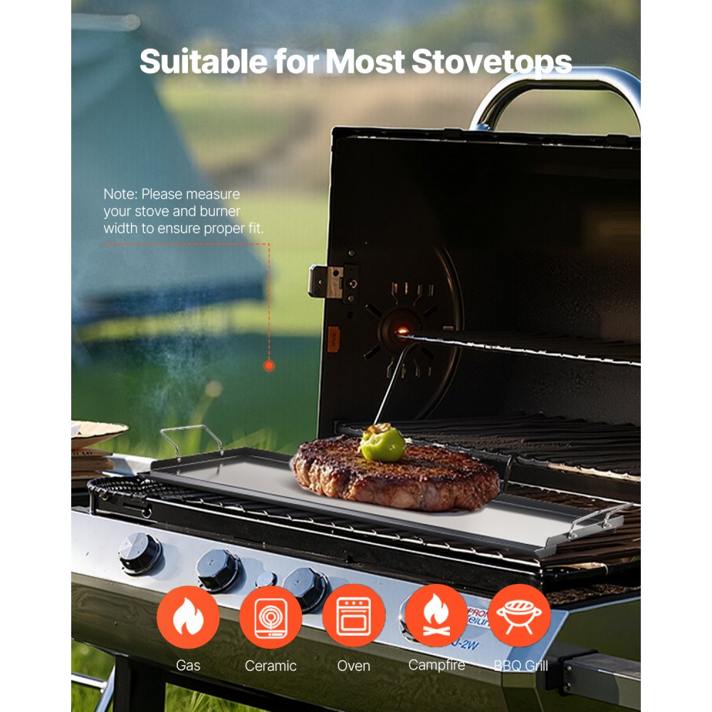 VEVOR Parrilla de Acero al Carbono Universal Rectangular 812 x 310 mm con Superficie Plana, Plancha de Gas para Barbacoa, Teppanyaki, Utensilios Cocina Familiares Portátiles con Asa, para Cocción