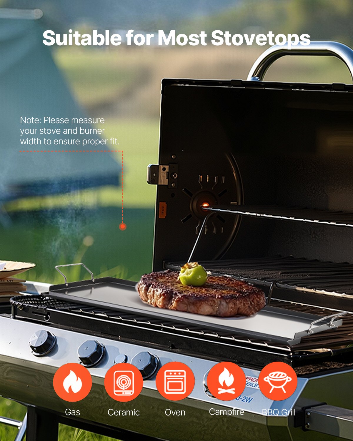 VEVOR Parrilla de Acero al Carbono Universal Rectangular 812 x 310 mm con Superficie Plana, Plancha de Gas para Barbacoa, Teppanyaki, Utensilios Cocina Familiares Portátiles con Asa, para Cocción