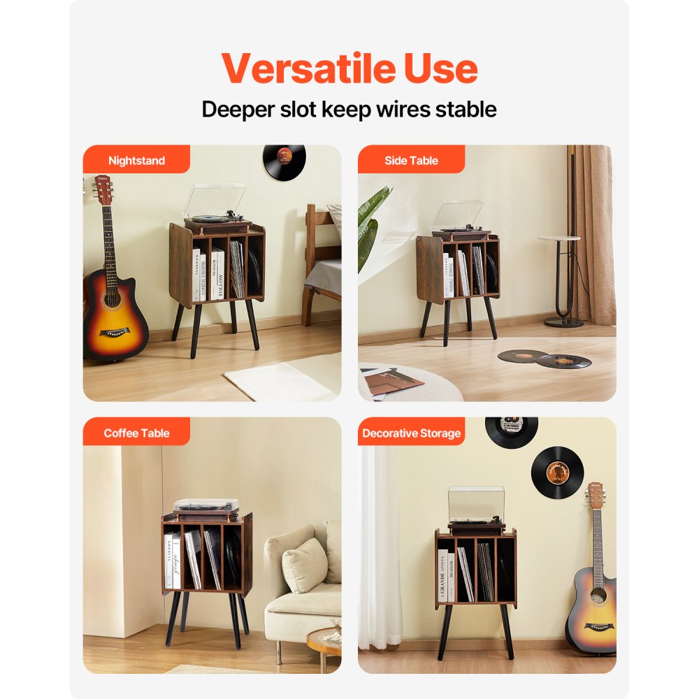 VEVOR Soporte para Tocadiscos 420 x 344 x 667 mm de 2 Niveles con 4 Gabinetes, Capacidad de 100 Álbumes, Gabinete de Discos de Vinilo de Madera con Estante de Exhibición para Sala de Estar, Marrón