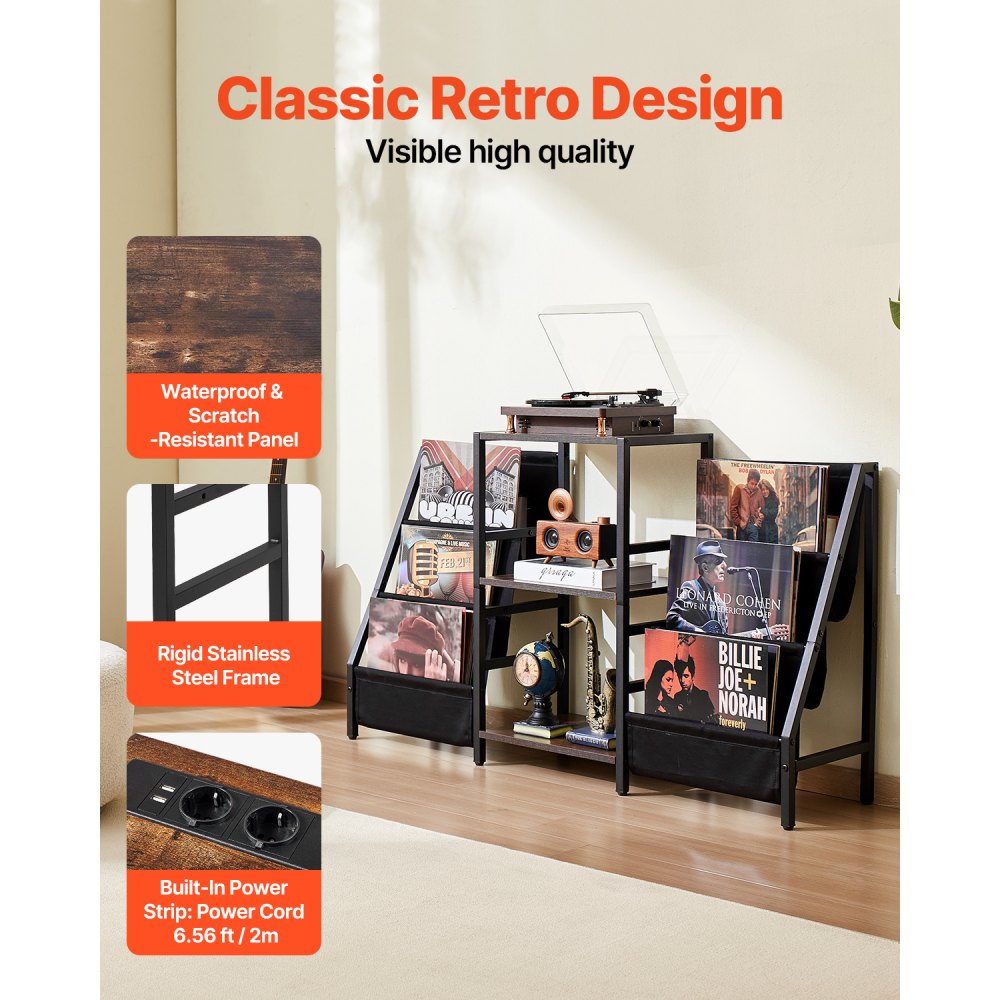 VEVOR Soporte para Tocadiscos 1250 x 300 x 740 mm de 3 Niveles, Capacidad para Hasta 280 Álbumes, Soporte para Tocadiscos con Estante de Exhibición para Discos de Vinilo para Sala de Estar, Negro
