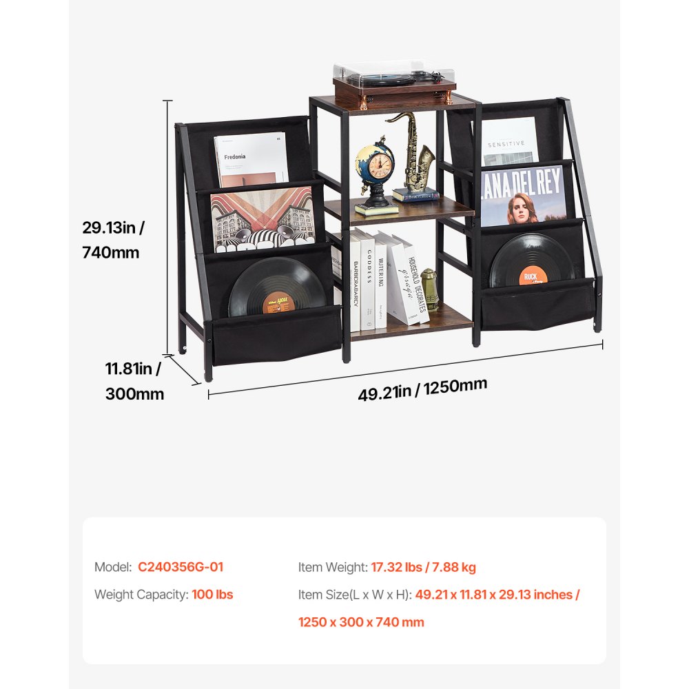 VEVOR Soporte para Tocadiscos 1250 x 300 x 740 mm de 3 Niveles, Capacidad para Hasta 280 Álbumes, Soporte para Tocadiscos con Estante de Exhibición para Discos de Vinilo para Sala de Estar, Negro