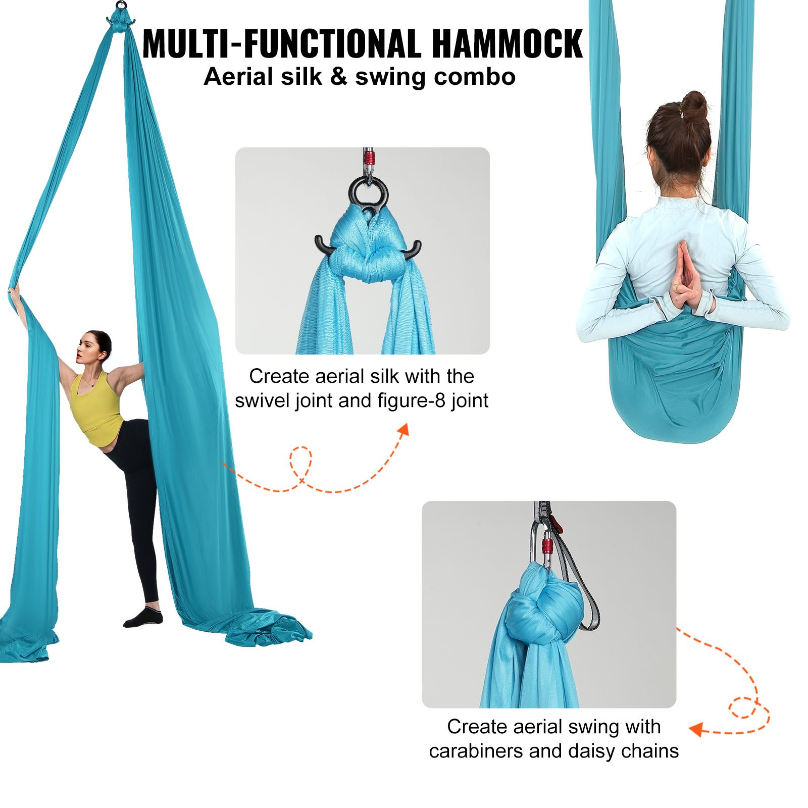 VEVOR Hamaca aérea de yoga 10 x 2,8 m Kit de columpio de yoga con inversión de danza aérea Nylon 100 g/m² Capacidad de carga 1000 kg Vuelo aéreo antigravedad para fitness, culturismo, pilates, azul