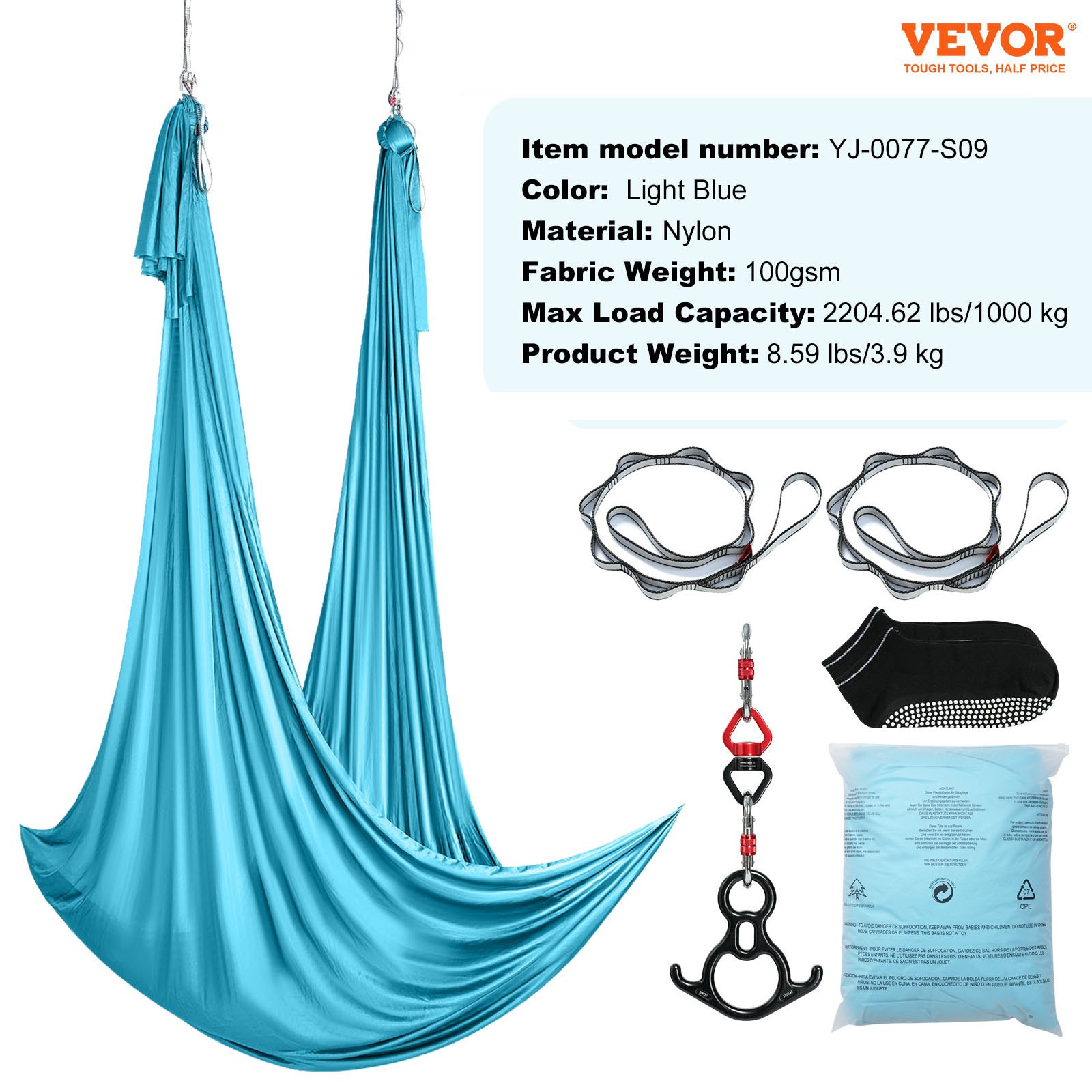 VEVOR Hamaca aérea de yoga 10 x 2,8 m Kit de columpio de yoga con inversión de danza aérea Nylon 100 g/m² Capacidad de carga 1000 kg Vuelo aéreo antigravedad para fitness, culturismo, pilates, azul