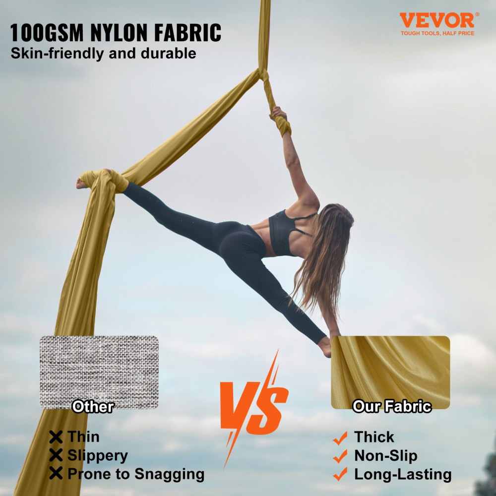 VEVOR Aerial Yoga Hammock Set 4 x 2.8 m, Golden Aerial Yoga Swing Air Flying, Yoga Swing Hammock Swing 1000 kg Max. Load Capacity, incl. Yoga Socks & Steel Carabiners, Anti-Gravity Exercises